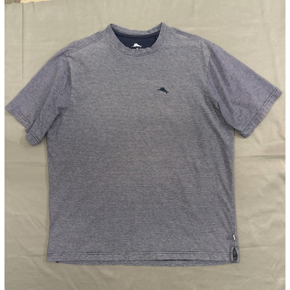 Tommy Bahama T Shirt Mens M Logo White Navy Stripe Crew Neck Nautical Fisherman